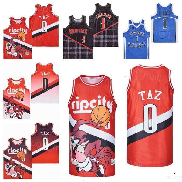 High School Basketball 0 RIPCITY TAZ Jerseys Oakland Wildcats Damian Lillard 1 Shirt Uniform Black Red Blue Team Away Hiphop Pullover Moive College for Sport
