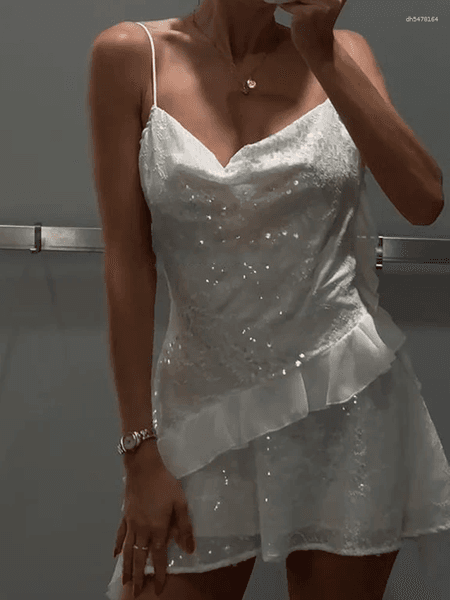 Casual Dresses Women's Sexy Sequin Ruffle Short Dress Slim Spaghetti Strap Sleeveless Backless Party Gown For Summer 2026 Elegant Female