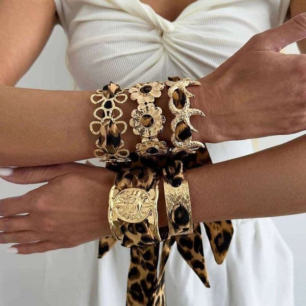 2026 Leopard Print Silk Scarf Cuff Bangles Polka Dot Ribbon-Wrapped Metal Wide Bracelet Retro Adjustable Ethnic Style Wristband