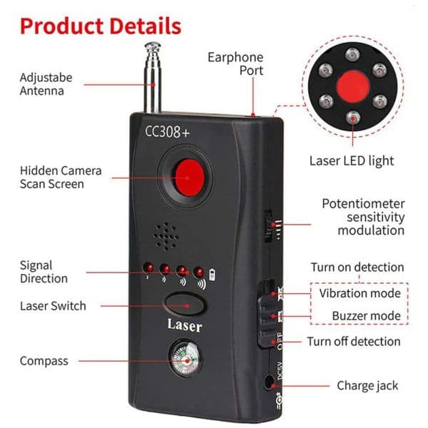Multi-functional CC308+ Detector Radio Wave Signal Detection Wireless Camera Lens Signal Detection WiFi RF GSM Device Finder Anti Spy Detector 1MHz-6.5GHz