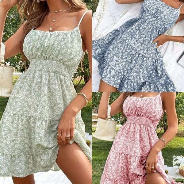 French-Style Women's Summer Dress With A High-End Feel, Floral Pattern, Ruffled Hem, Spaghetti Straps, For Seaside Vacations LEEGO LENS