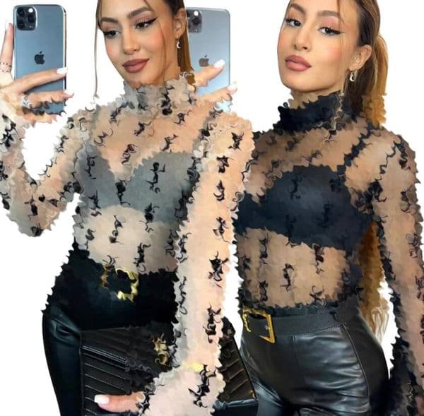 Designer Brand Women's T-shirt 2026 Summer Sexy Perspective High Collar Long Sleeve Plush High Quality Women's Top T-shirt Free Ship
