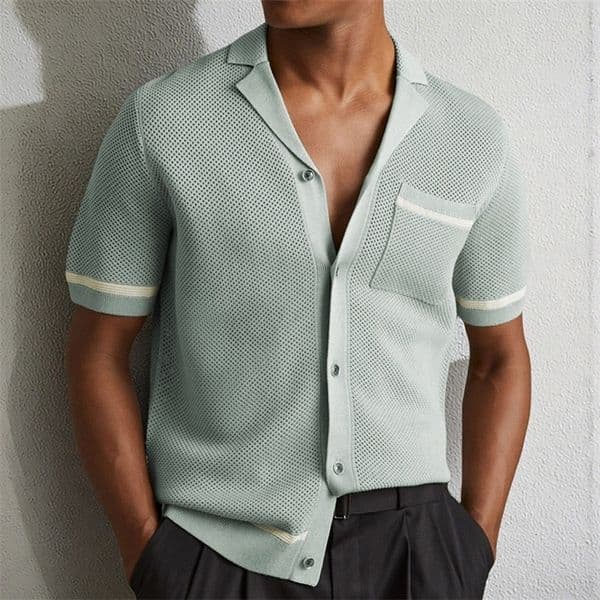 Summer Trend Men Fashion Polo Shirt Light y Hollow Out Knitted T-shirt American Style Casual Short Sleeve Cardigan Tops 260424cj