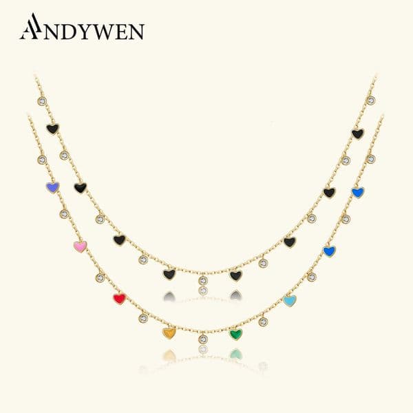 ANDYWEN 925 Sterling Silver Gold Bohemia CZ Rainbow Heart Charm Choker Necklace Spring Chrismas Jewelry For Women Party 260429