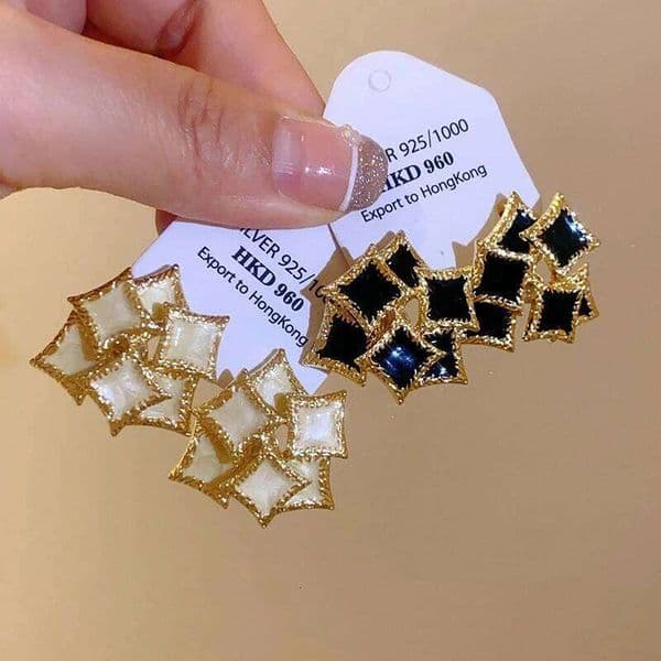 Black White Enamel Square Stud for Women Vintage French Drip Oil Double Layer Earrings Irregular Geometric Jewelry Gift