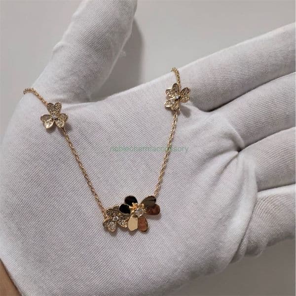 clover necklace Vanly Cleeffs Lucky Clover Necklace with Full Diamond Chain Sweet Rose Design butterfly