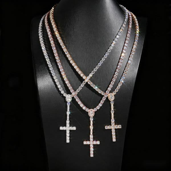 New Stock Fine Jewelry 925 Sterling Silver Fashion Necklaces 5MM Diamond Iced Out Moissanite Tennis Chain Cross Tennis Necklace