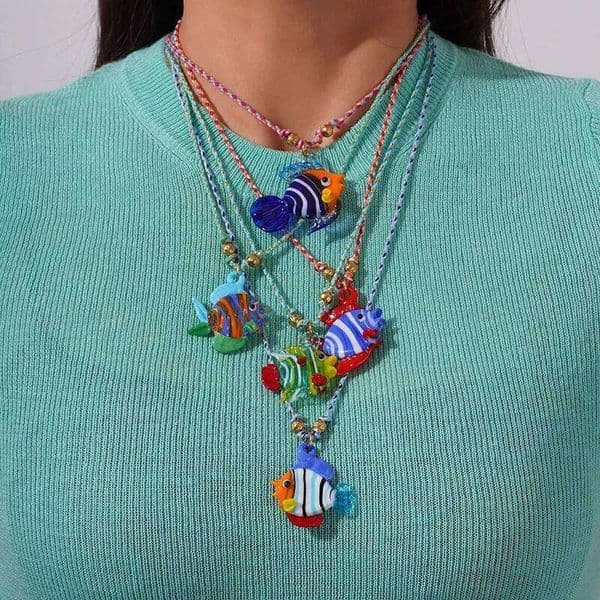Ocean Series Colored Glass Fish Charm Necklace for Women Cute Cartoon Handmade Weaving Long necklace Fun Adjustable Accessories