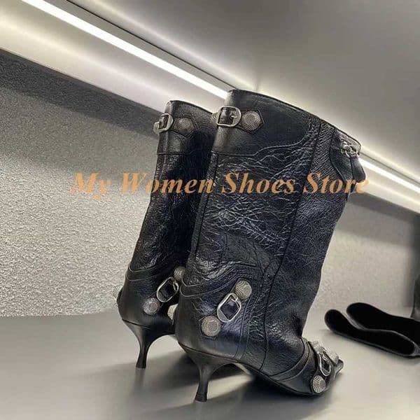 Rivet Kitten Heel Ankle Booties Sexy Pointy Toe Zipper Sexy Pointy Toe Runway 2026 Winter Autumn Women Dress Shoes Black Buckle Q260429