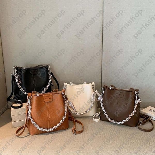 Womens Bucket Crossbody Bag With Silk Scarf Chain Strap Soft PU Leather Shoulder Tote Multi-Use Casual Purse For Work Travel Daily PYD26042625