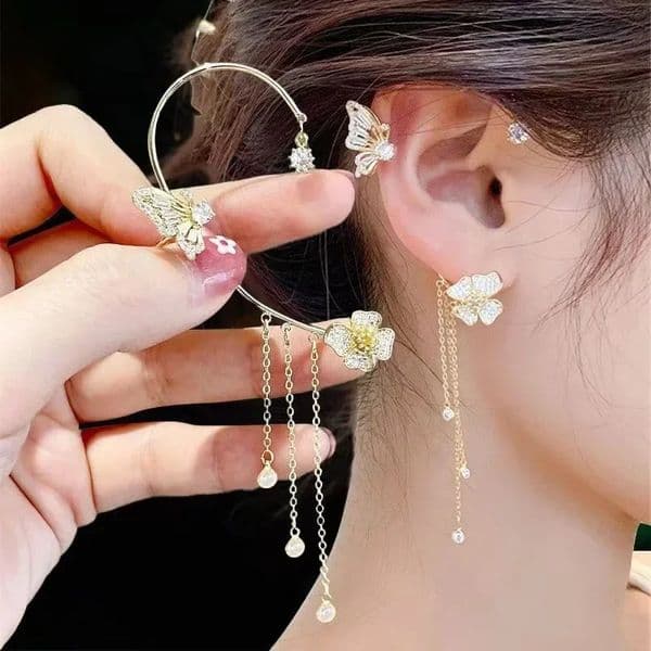 Shiny Zircon Butterfly Ear Cuff Gold Color Tassel Clip on Earrings for Women Korea Style Copper Earring Without Piercing Jewelry 260428