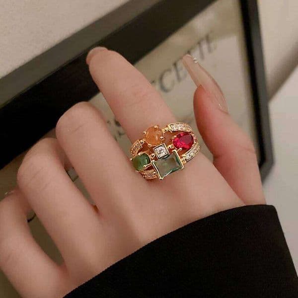 Vintage Colorful Zircon Rings For Women Square Exquisite Crystal Adjustable Geometric Finger Ring Wedding Jewelry Gifts