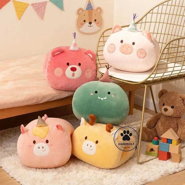 Soft Cartoon Animal Hands Warm Burner Plush Small Pillow Pig Bear Dinosaur Deer Plushie with Holes Winter Gift W260428
