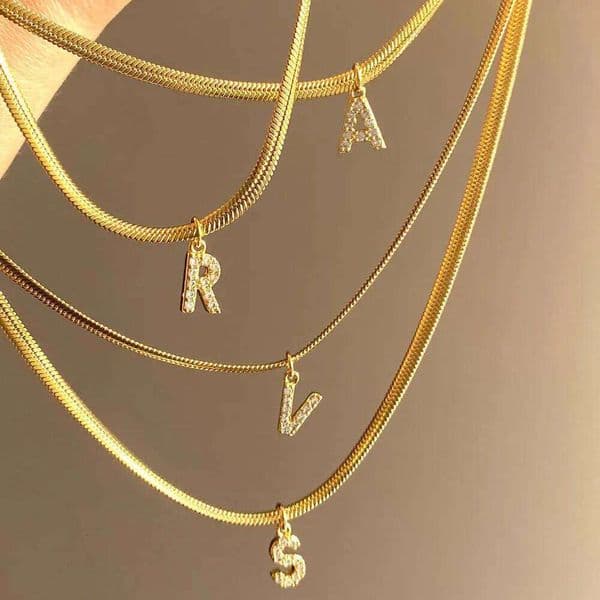 New Initial Rhinestone Letters Pendant Classic Stainless Steel A-Z Letter Chain Necklace for Men Jewelry Gift