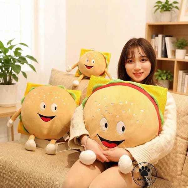 Happy Cheeseburger Hamburger Plush Pillow Stuffed Human Figured Food Sofa Chair Round Cushion Back Support Plushie Gift W260428