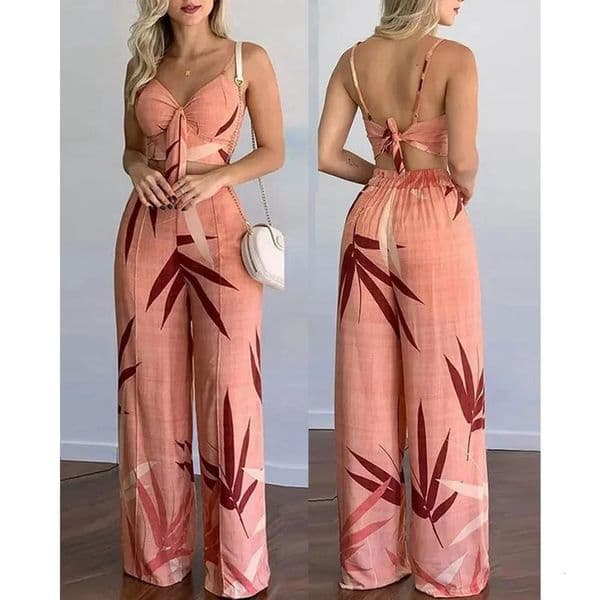 Summer Women Tropical Print Spaghetti Strap Casual Lace up Back Top High Waist Pants Set 2 Pieces Suit Sets Woman Clothing 260424