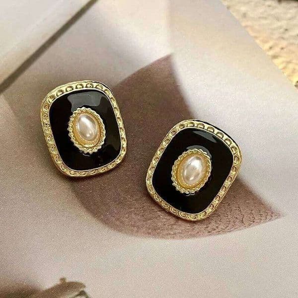 New Square Black Enamel Oil Stud for Women Party Elegant Oval Imitation Pearl Charms Earrings Vintage Trendy Jewelry