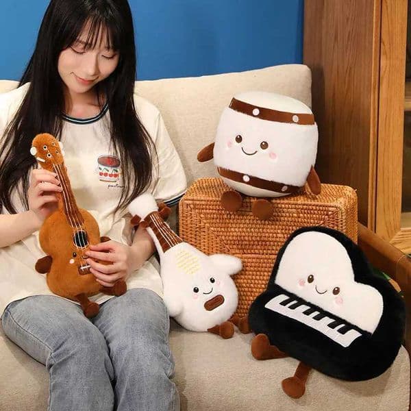 Kawaii Musical Instrument Plush Pillow Human Figured Smiling Face Cushion Piano Guitar Drum Decor Plushie Birthday Gift W260428