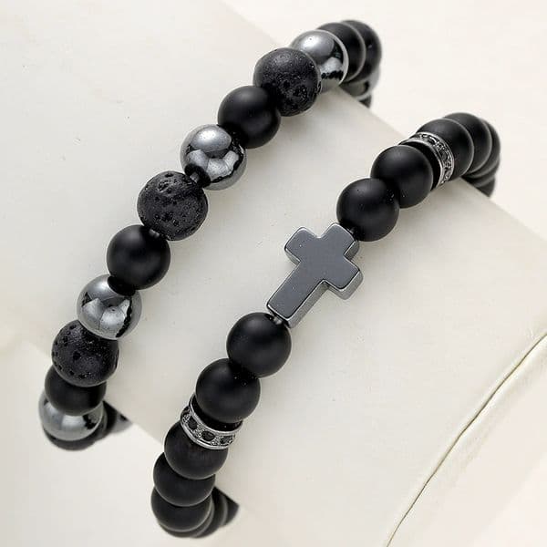 Couple's Stylish & Strong Black Obsidian Cross Necklace with Adjustable Elastic Band
