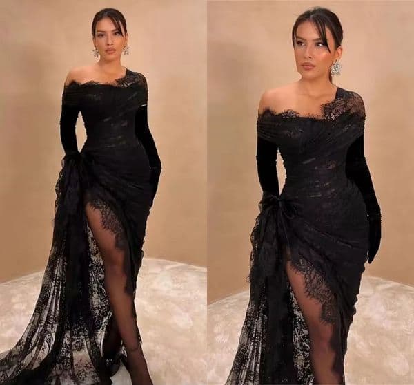 2026 Customized Timeless Black Lace Long Prom Dresses Dubai Arabic Women Off The Shoulder Cap Sleeves Special Occasion Evening Gowns With Split Sexy Vestidos LG1278