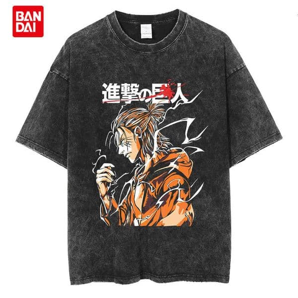 Bandai Vintage Washed Black Attack on Titan Eren Yeager Anime T-Shirt Men Harajuku Gothic Streetwear Short Sleeve Manga Graphic Tee Top L260429