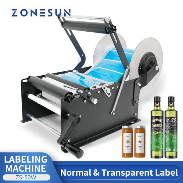 ZONESUN ZS-50W Manual Labeling Machine Label Applicator for Big Stickers on Plastic Round Bottles Cans Tubes Packaging