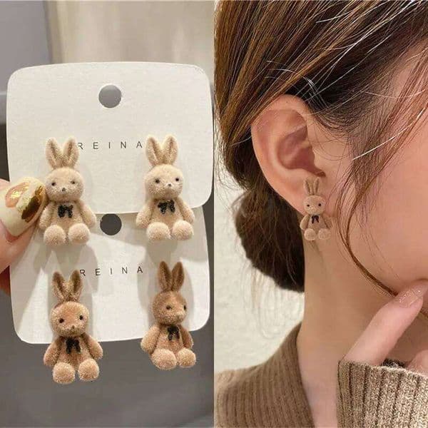 Bear for Women Girls 2026 Fashion Korea Silver Needle Autumn and Winter Earrings Cute Flocking Rabbit Ear Studs Jewelry