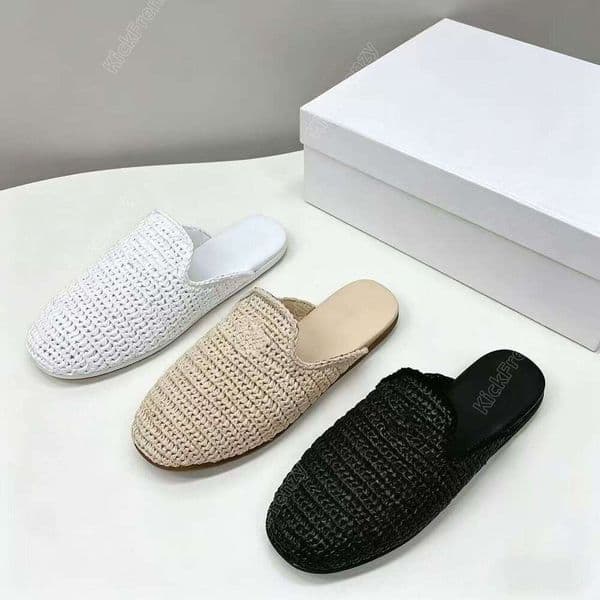 Designer Crocheted Raffia Mules Grass slippers Summer Beach Shoes women's sandals, woven rattan metal triangle tag, flip flops, loafers, bohemian style