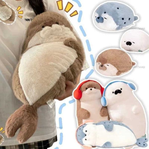 High Quality Cartoon Earphone Seal Sea Otter Plush Toy Round Cushion Throw Pillow for Kids Birthday Gift School Nap Sleep W260428