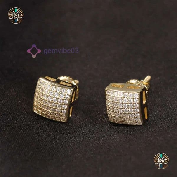 Mens Hip Hop Stud Jewelry Fashion Gold Square Simulated Diamond 925 Silver Earrings 8mm