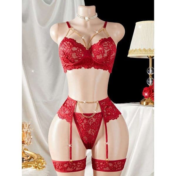 Ladies' Sexy Lace Underwear Set, Solid Color Dark V Bra Golden Chain Embellishment, Adjustable Shoulder Straps And Leg Straps, Perspective Hollow Design With