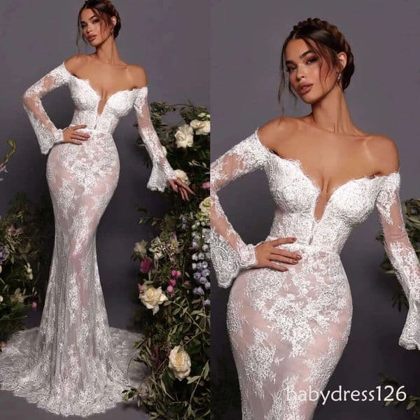 Garden lace Mermaid Wedding Dress for off shoulder long sleeves wedding dresses Bridal Gowns backless designer bride dress FG12