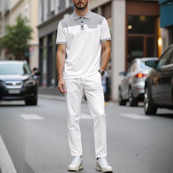 Men's Tracksuits Summer Waffle Lapel Two-tone False Pocket POLO Shirt Drawstring Trousers Set