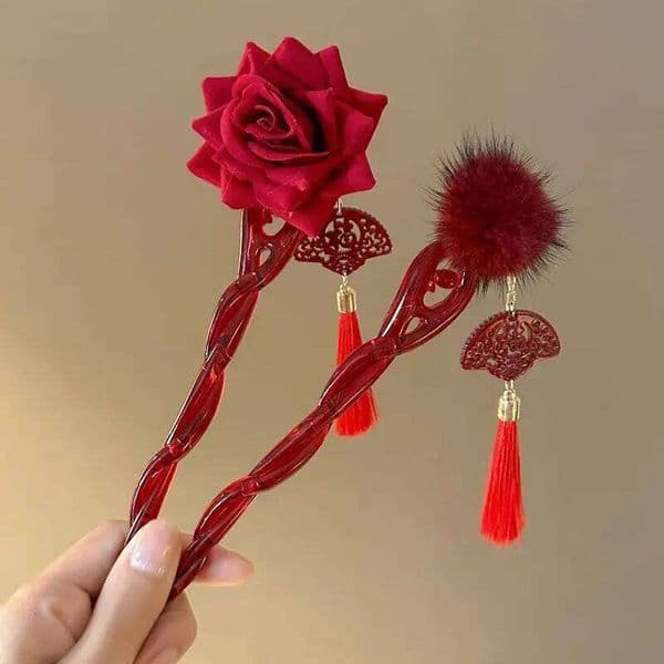 1pc New Year's red flower tassel high-end hair accessory, hairpin, ancient style cheongsam, Hanfu headwear