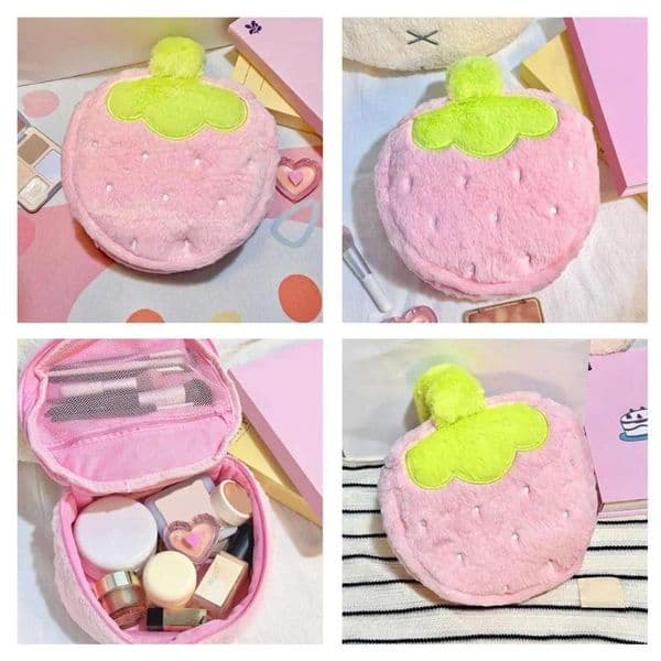 Cosmetic Bags Strawberry Plush Bag For Women Large Capacity Cute Makeup Travel Wash Handheld Skincare Organizer Pouch Soft