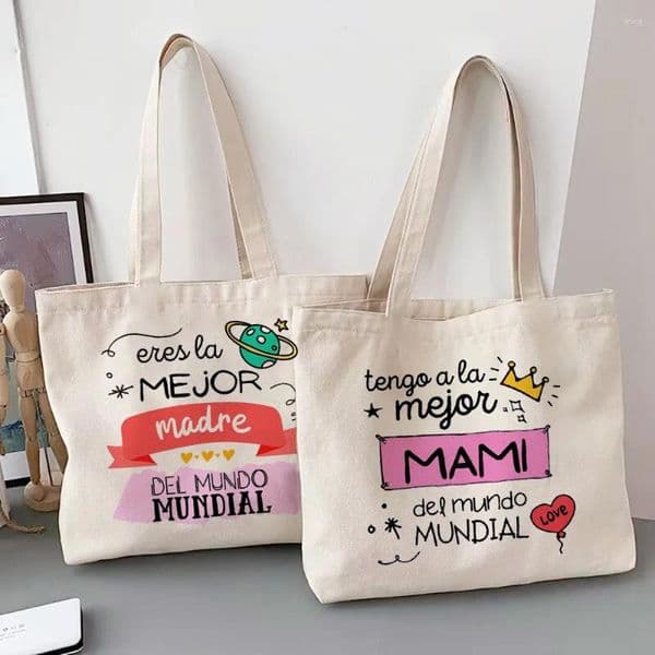 Shopping Bags I Have A Mom In The World Printed Women Shoulder Bag Canvas Tote Female Mothers Day Birthday Gifts For Mother