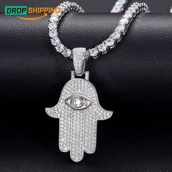 Dropshipping Fine Jewelry 925 Sterling Silver VVS Moissanite Bling Iced Out Eye Hamsa Hand Pendant for Men Women