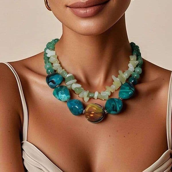 Irregular Green Resin Necklaces for Women Hyperbole Vintage Fashion Beads Elegant Double-layer Necklace Banquet Jewelry Gifts