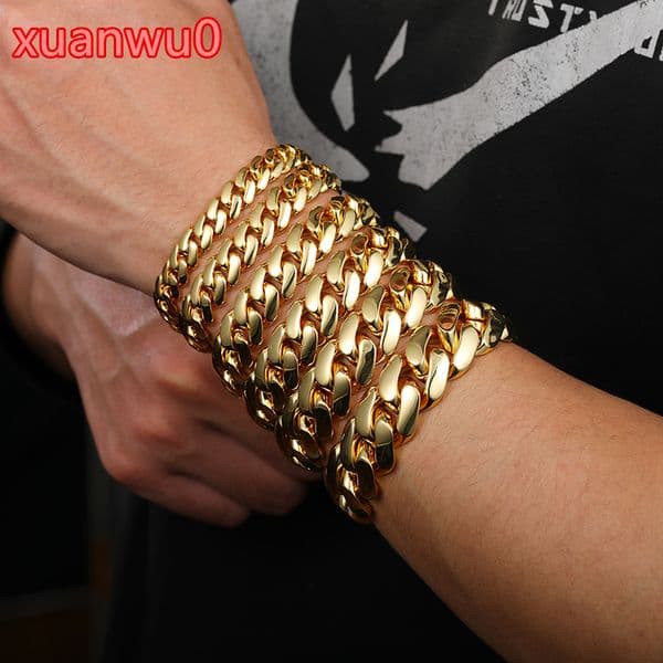 Heavy Solid 22mm Gold Plated Cuban Link Bracelet Men s 18K Hip Hop Jewelry With VVS Moissanite Bling Gift