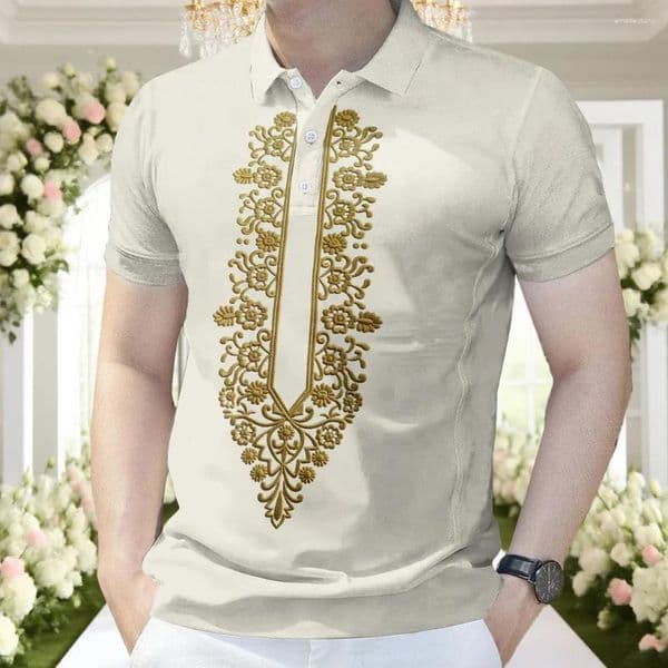 Men's Polos Traditional Polo Shirt With Golden Wheat And Botanical Embroidery Short Sleeve Classic Collar Casual Fashion Piece