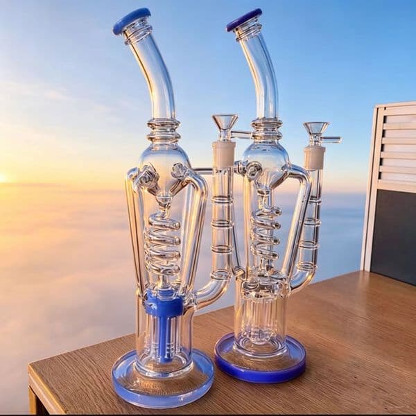 Dual Glass Bong Spiral Perc Smoking Glass Water Pipe Hookahs Recycler Water Bongs Recycler Bubbler With 14mm