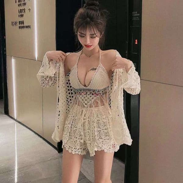 Designer beach backless lace up V-neck knitted tube bra, chest wrapped bikini swimsuit, women's top