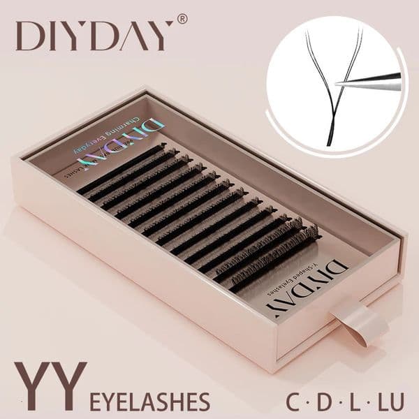 DIYDAY YY Shape Eyelash Extensions C D L LU Curl Brown Lashes Natural Soft Premade Volume Fans Two Tips Y-Shaped False Eyelashes 260424