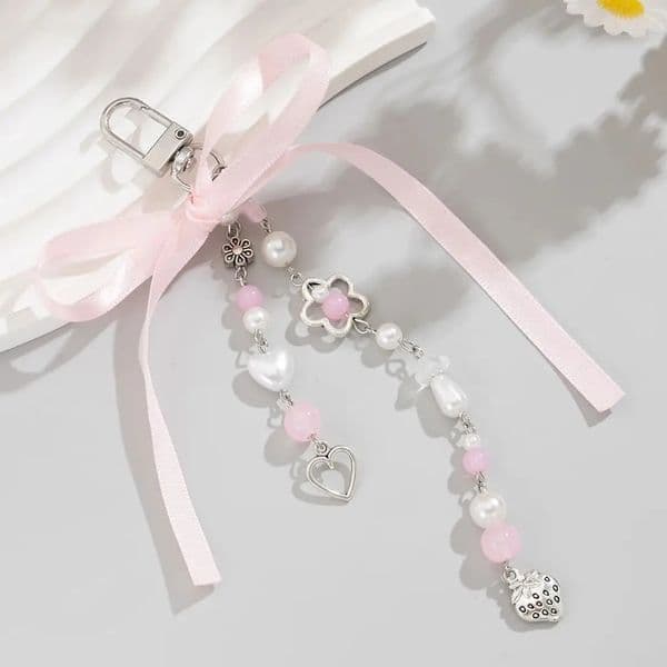 PuRui Delicate Bow Heart Pearl Keychain Creative Lanyard Romantic Keyring Handmade Jewelry Accessories Gift 260429