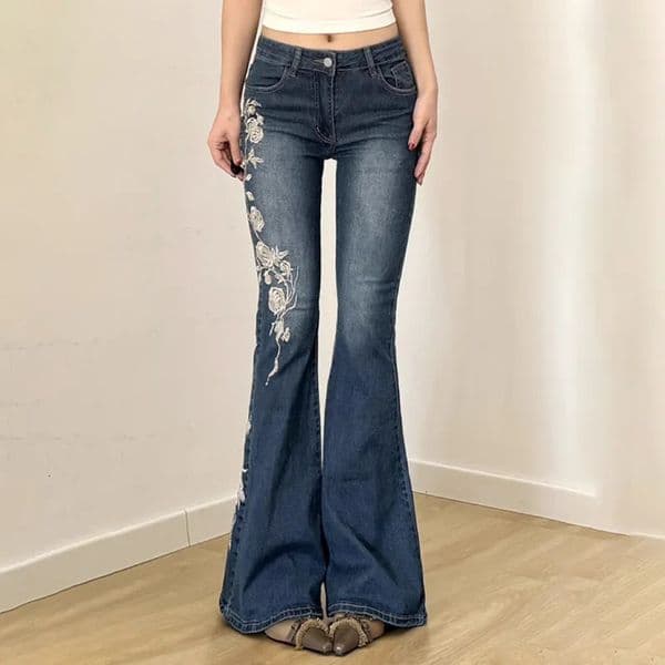 Retro Y2k Jeans Baggy Floral Embroidery Jeans Women Vintage 2000s Low Rise Flared Denim Pants High Street Basic Trousers 260428