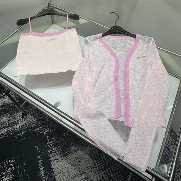 Women Y2K Cardigan Camisoles Outfit Short Knitted Sling Vest Thin Breathable Knit Cardigan Spring Summer Slim Vacation Two Piece Set