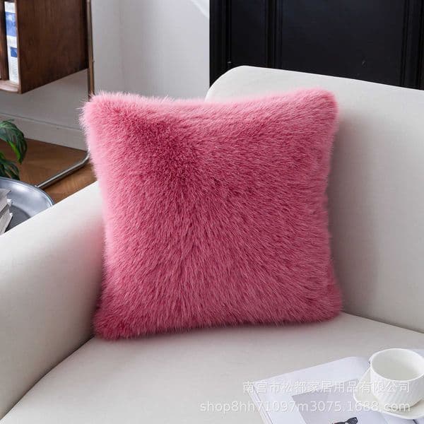 Fox fur pillow in pink cute plush square sofa lumbar cushion luxurious and stylish for the living room includes insert L260430