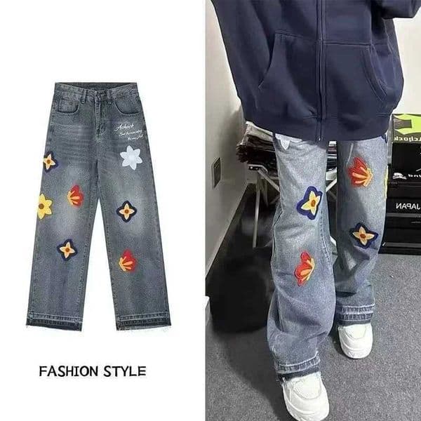 Autumn Mens Flower Embroidery Y2K Jeans Hip Hop Fashion Baggy Denim Trousers Womens Vintage Streetwear Blue Straight Jean Q260430