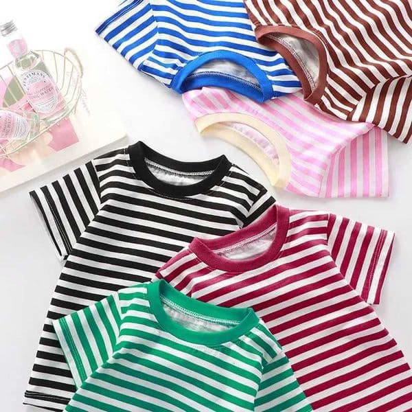 Childrens Short-Sleeved Boys Girls 2025 Summer New Striped T-Shirt Baby Thin Section Half-Sleeved Bottoming Shirt Casual WearT260430