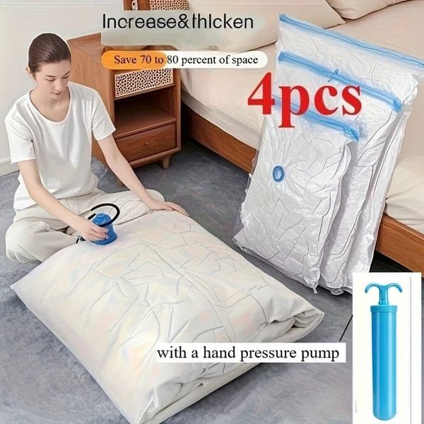 4pcs space saving vacuum storage bag with hand pump - oversized compressed clothing blankets bedding bags - travel storage 260423